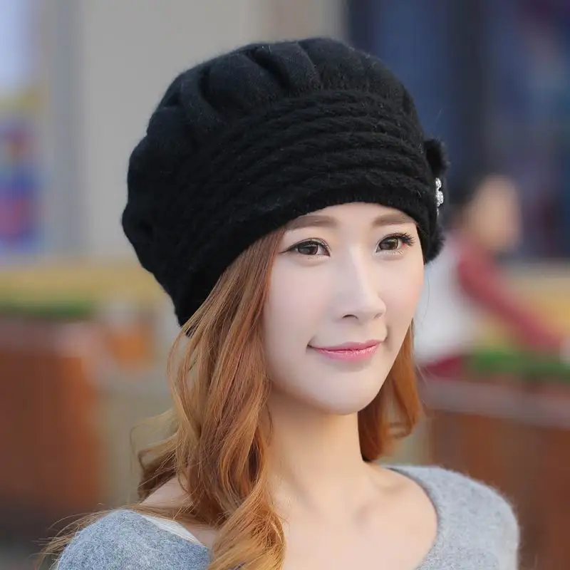 

GBCNYIER Mother's winter cap rabbit fur double thick knit fake diamonds stripe hat autumn keep warm women's headgear