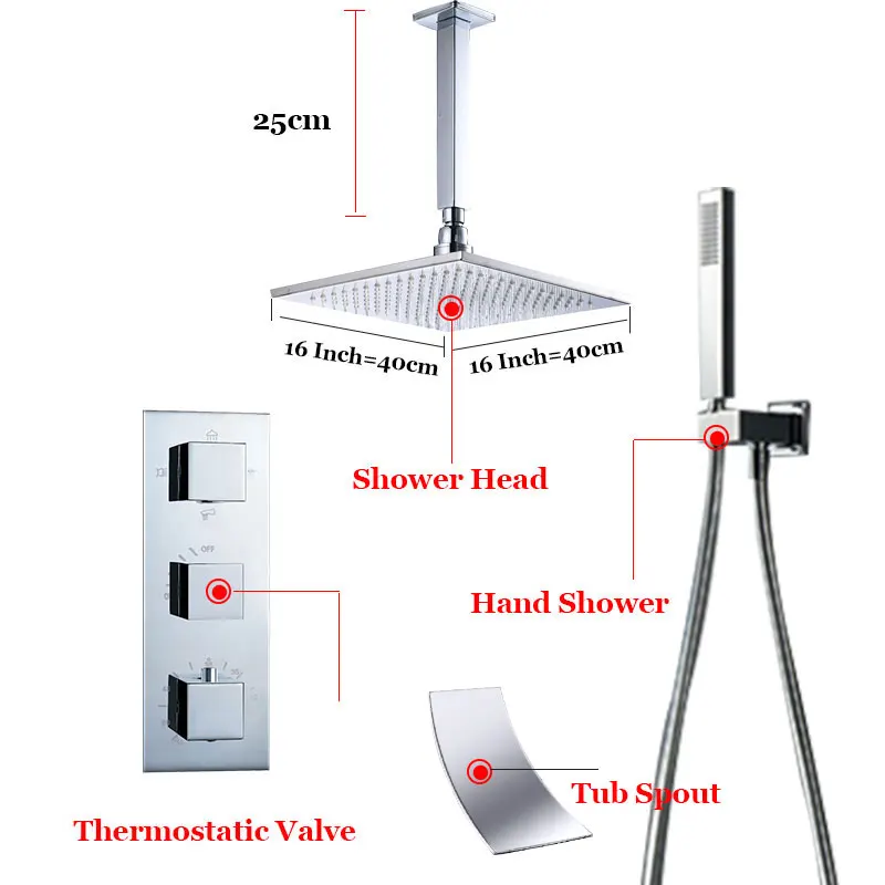 ULGKSD Термостатический смеситель для душа, набор, твердая латунная душевая головка W/Ручной смеситель для душа, потолочное крепление для ванной комнаты - Цвет: 16 inch