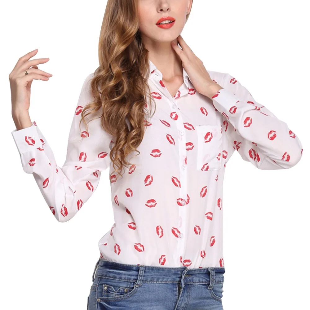 

Womens Plus Size Long Sleeve Chiffon Blouse Lapel Collar Button Down Red Lips Printed Pocket Front Shirt Basic Loose Tops S-2XL