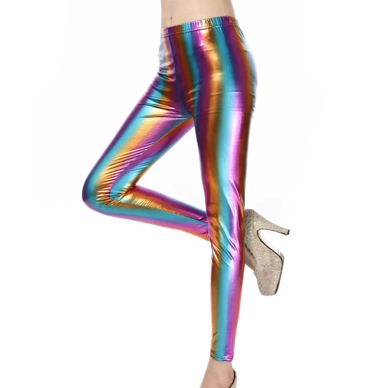 Женские танцевальные рок брюки в стиле диско женские уличные радужные полосатые леггинсы неоновые поддельные высокая талия кожаные обтягивающие брюки