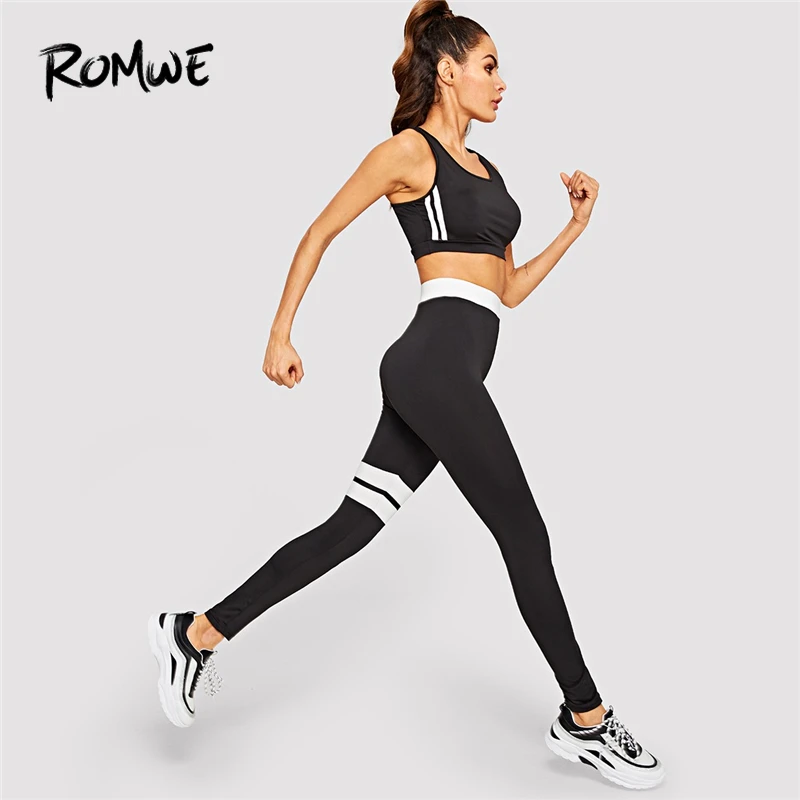 

Romwe Sport Black Sports Vest Bra and Leggings Women Yoga Set 2019 Exercising Fitness Stretchy Two Pieces Yoga Suits