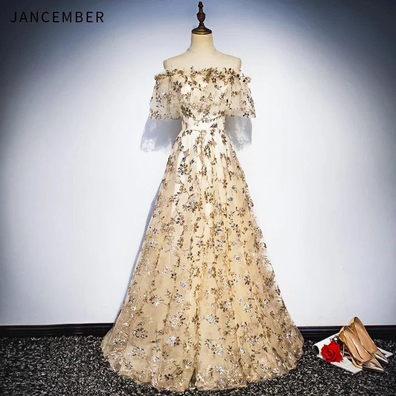 

JANCEMBER 2019 Latest Evening Dresses Boat Neck Off the Shoulder Short Sleeve Zipper Back Sequins Pattern long dresses evening
