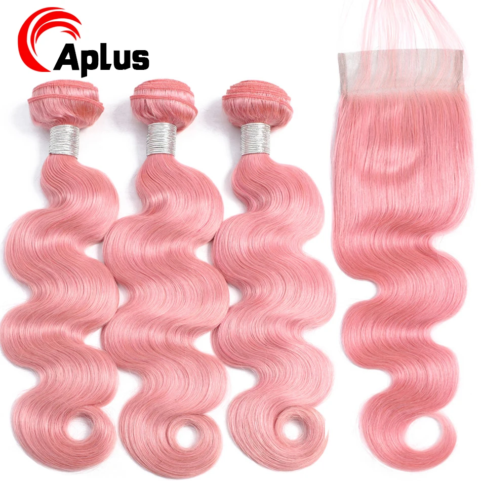 

Aplus Remy Hair Body Wave Ombre Bundles With Closure With Baby Hair Rose Pink Closure With Peruvian Hair Bundles 4 Pcs/Lot