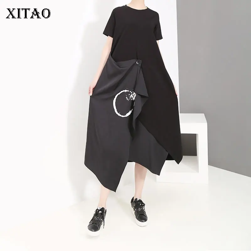 

XITAO Irregular Print Pattern Dress Women Clothes 2019 New Patchwork Casual Pullover Korea Fashion New Wild Joker WBB3245