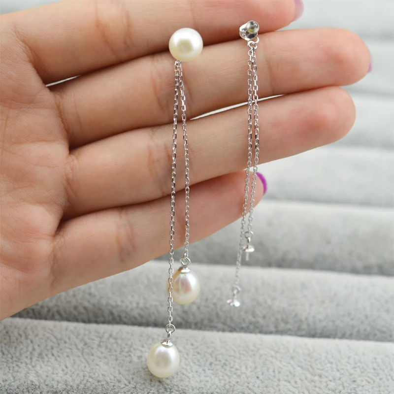 

QIAOBEIGE Female Stud Earring 100% Real 925 Sterling Silver Jewelry Accessory High Quality Double Wire and three pearls Earrings