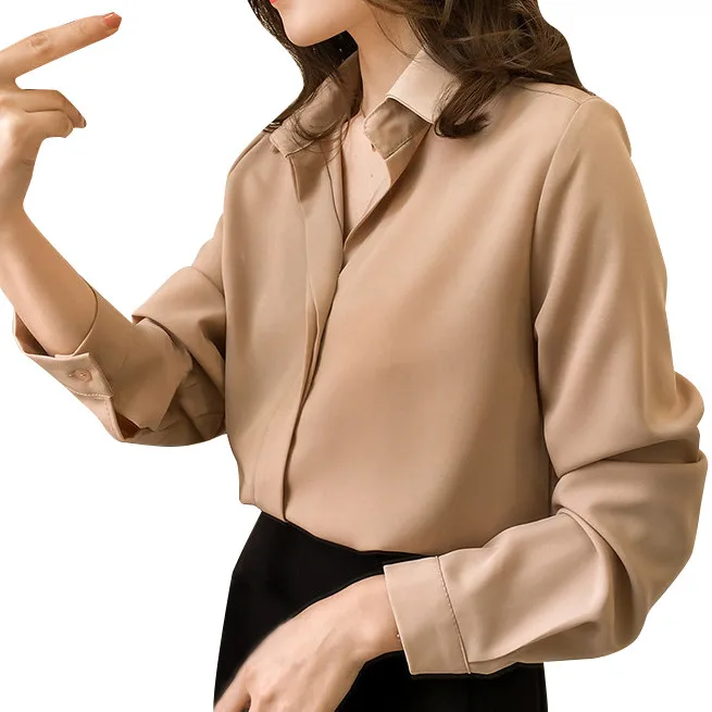 Women Blouse 2019 Women's Wear Simple Lapel Long Sleeve Chiffon Pure Color Shirt
