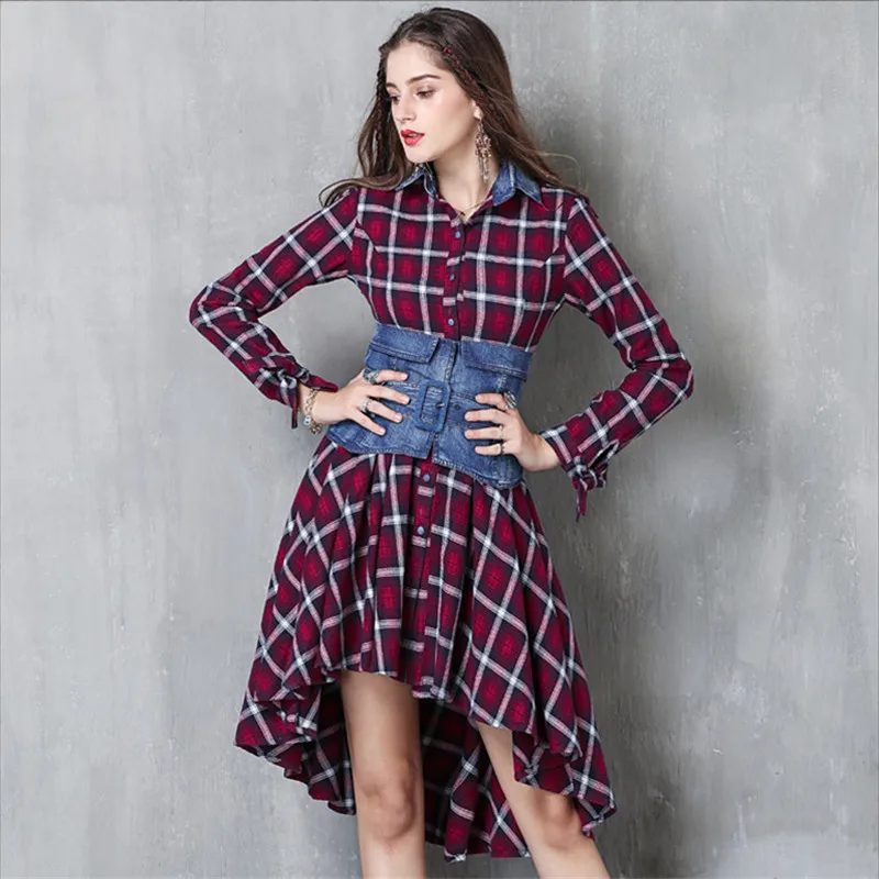 

Vintage slinky Women Dresses 2017 Autumn New Vintage Cotton Dress Plaid Patchwork Ruffles Asymmetrical Vestidos Femininos