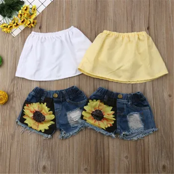 

Summer Toddler Baby Girls Clothes Sets Solid Color Off Shoulder Tops Shorts Sun Flower 2pcs Casual Girls 1-5Y Clothings Sunsuits