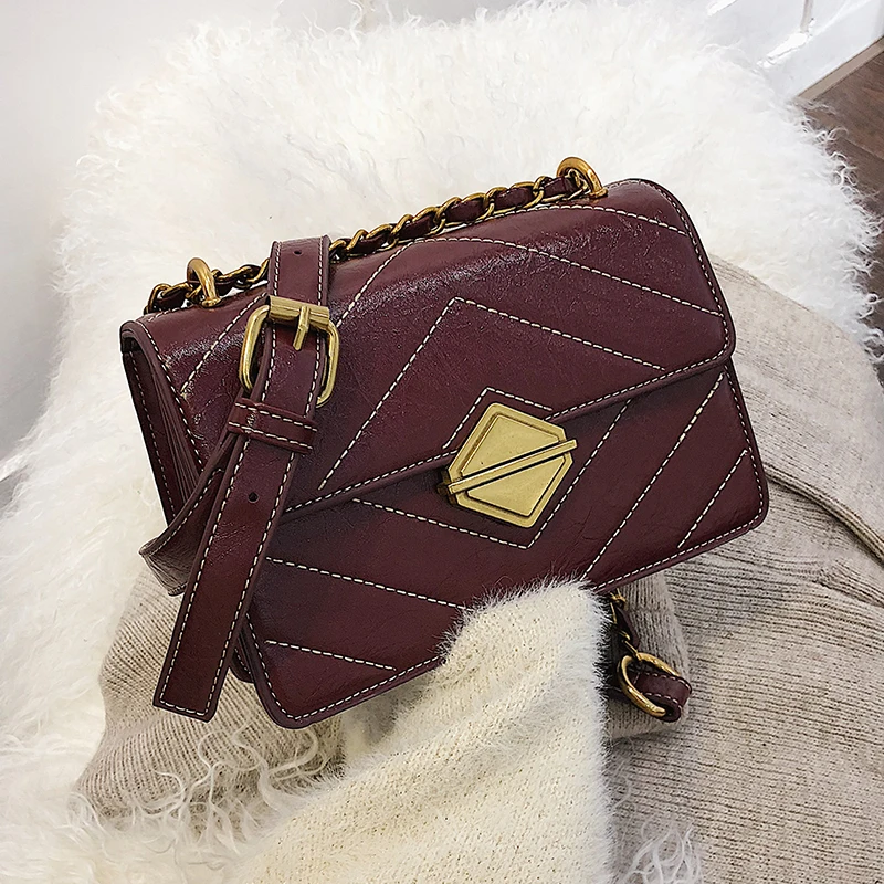 

Quilted Chains Diamond lock leather Square thread bag women 2019 designer luxury ladies crossbody handbag messenger famous brand