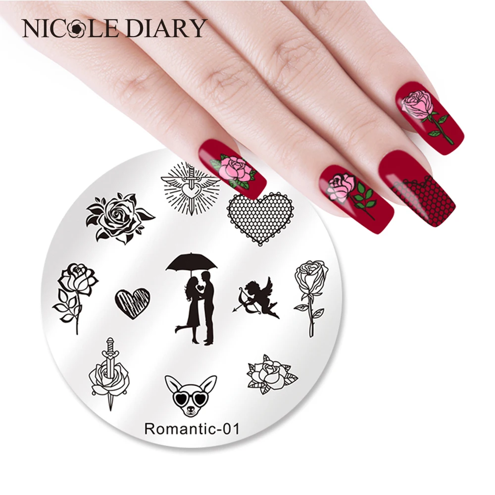 

NICOLE DIARY Round Stamping Plate Valentine Series Rose Manicure Nail Art Stamp Image Plate Romantic-01