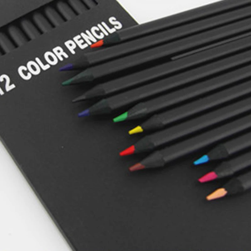 

New 12 Pcs/Set High Quality Pencil Packaging 12 Different Colours Colored Pencils Kawaii School Black Wooden Pencils