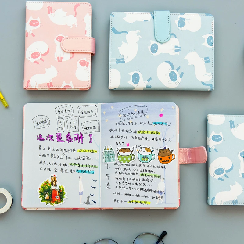

A6 thickened small fresh cat coloring page laptop book soft leather notepad A5 diary book