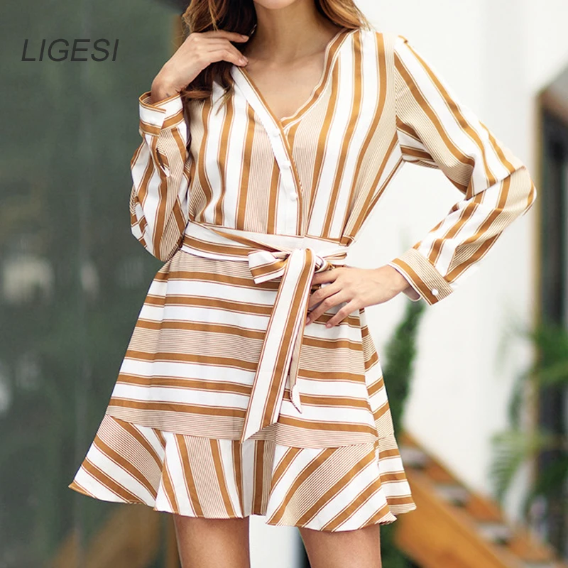

2019 Spring Dress Women Sexy Femmes Deep V-Neck Patchwork Striped Print Ruffles Long Sleeve Loose Dresses