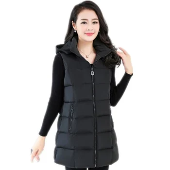 

2018 New Arrival Big Yard Women Long Thick Vest Waistcoat with Hooded Autumn Winter Female Sleeveless Parkas Vest Coat F593