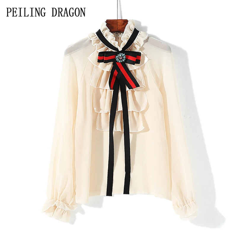 

PEILING DRAGON spring summer sweet petal stand collar ruffles beading bow tie long sleeve chiffon bottoming shirt blouse T1563