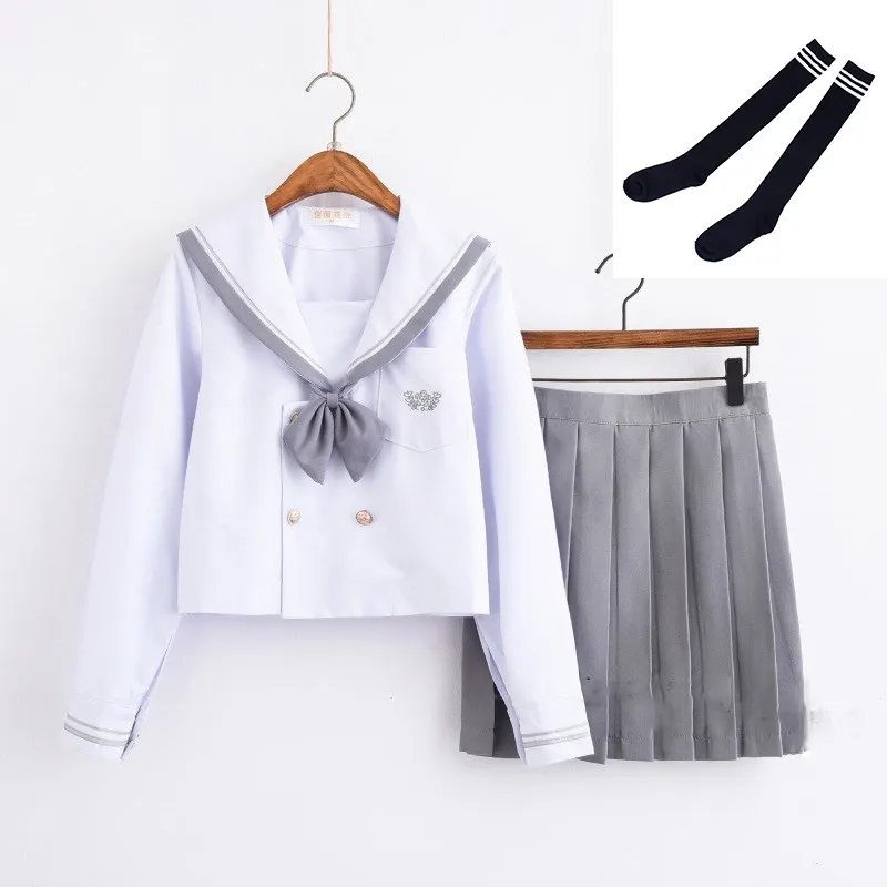 Новое поступление, школьная форма для девочек, Jk, морской моряк, костюм для женщин, японская школьная форма, белый топ+ серая юбка - Цвет: Long Set With Socks