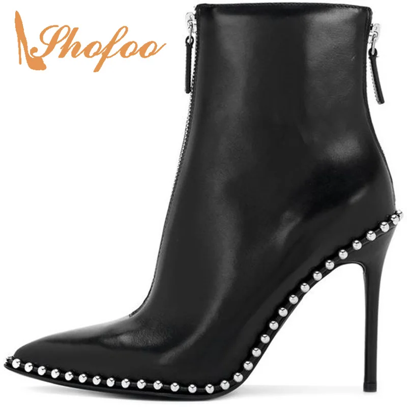 

Black Crystals High Thin Heels Ankle Boots Women Stilettos Pointed Toe Zipper Ladies Spring Autumn Shoes Large Size 11 15 Mature