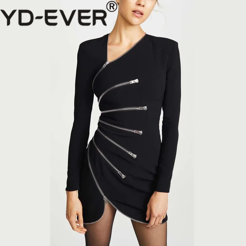 Новое поступление осень Асимметричная Slim Zip Длинный рукав женщины мини-платье Повседневное для отдыха и вечеринок короткое платье vestidos