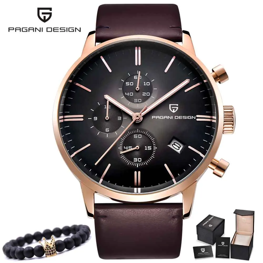 PAGANI Дизайн Лидирующий бренд роскошный дизайн мужские часы хронограф кожа кварцевые часы Мужская мода Спортивные военные наручные часы - Цвет: gold black