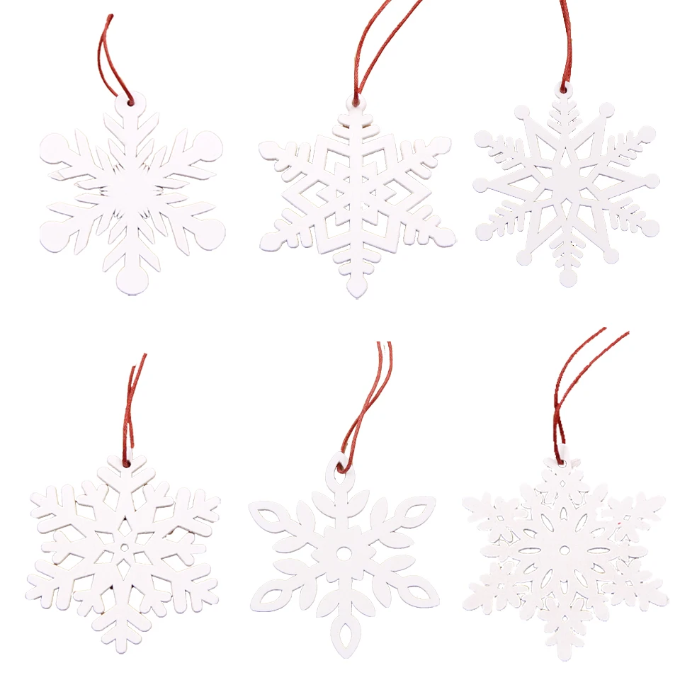 6PCS DIY White&Red Snowflakes Christmas Wooden Pendants Ornaments For Xmas Tree Ornaments Christmas Party Decorations Kids Gift - Цвет: White Snowflakes