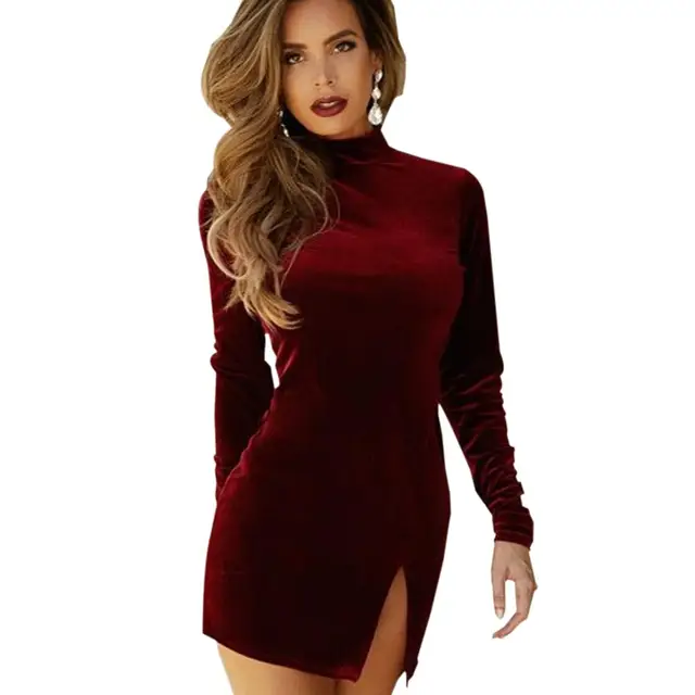 Red Turtle Neck Long Sleeve Formal Dress