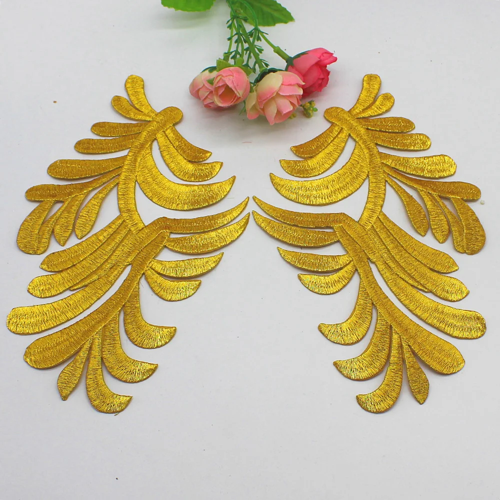 

YACKALASI 5 Pairs/Lot 3D Flower Applique Mirror Pairs Gold Embroidered Trims Iron on Padded leaves floral patches 21cm-12.5cm