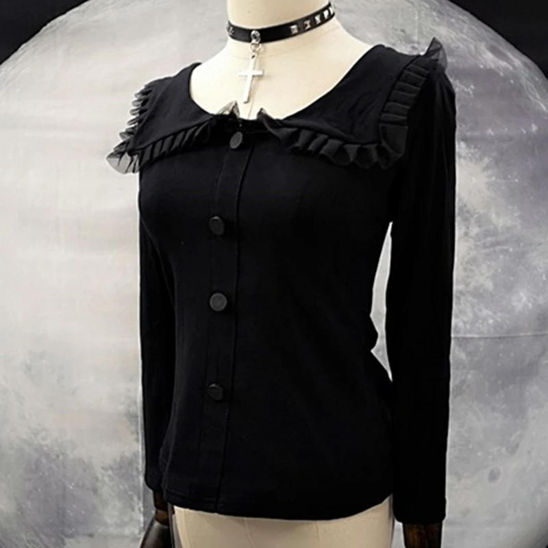 Женская хлопковая смесь с длинными рукавами Черный Топ рубашка с матросским воротником Вдохновленный
