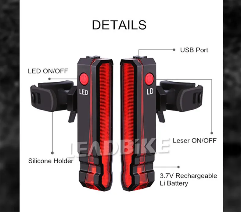 Лазерный велосипедный задний светильник Leadbike, супер яркий USB аккумулятор, перезаряжаемый водонепроницаемый велосипедный задний фонарь, Ночной светильник, аксессуары для езды