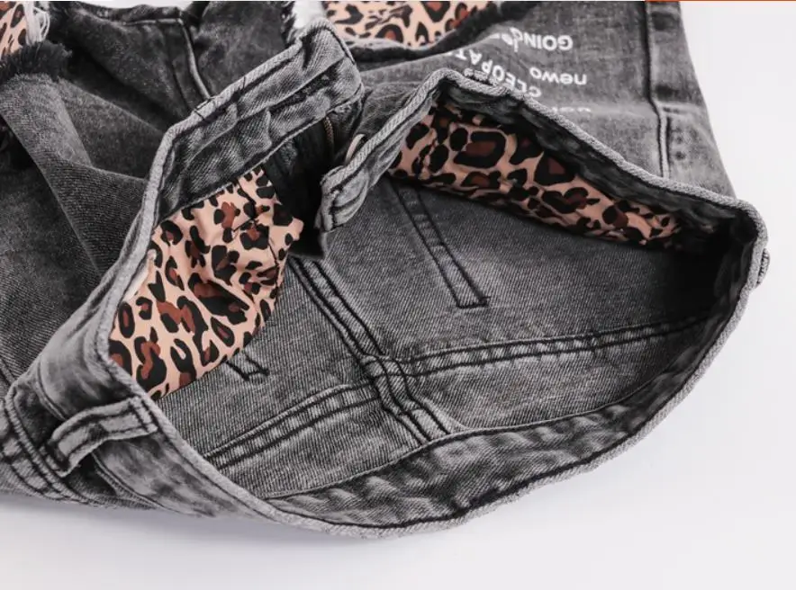 feminino buraco solto moda leopardo jeans shorts
