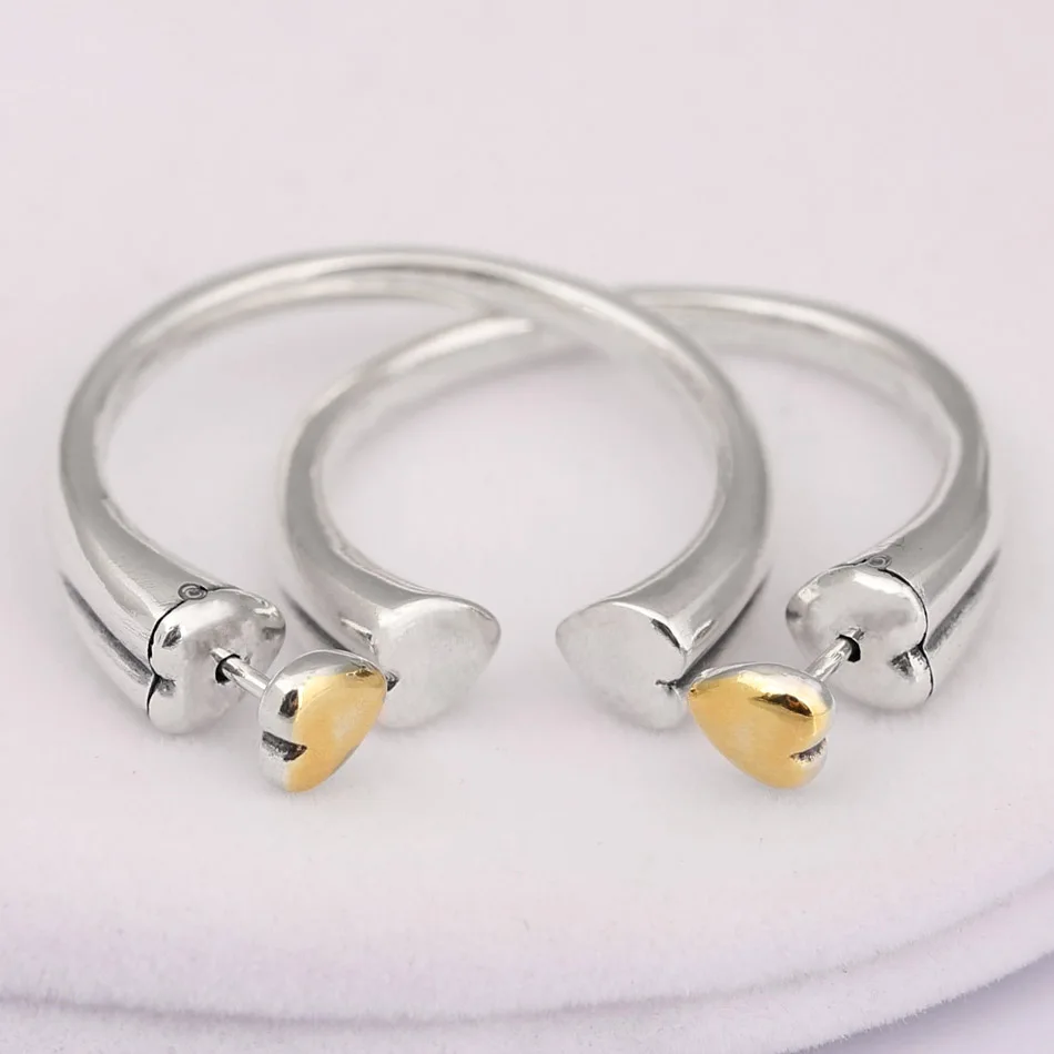

Authentic 925 Sterling Silver Earring Golden Two Hearts Earring Hoops For Women Wedding Party Gift Fine DIY Jewelry