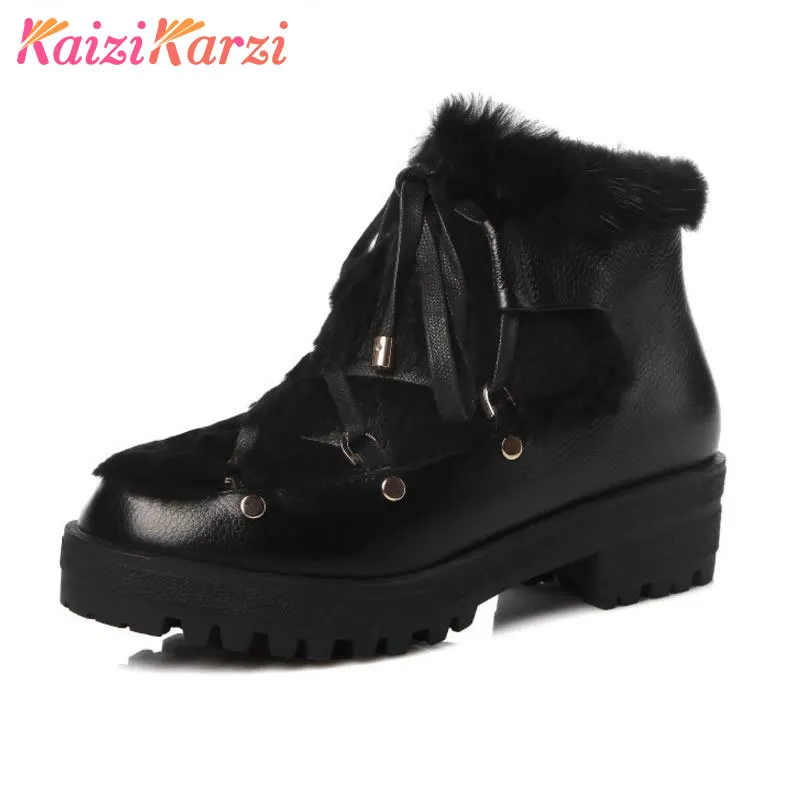 

KaiziKarzi Brand New Real Genuine Leather Ankle Boots Lace Up Fur Winter Warm Botas Mujer Square Heel Shoes Size 34-42 N00073