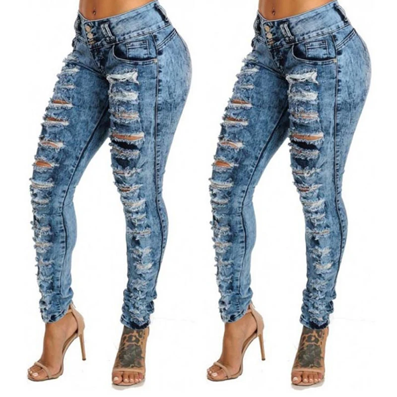 2019 new fashion casual commute hole high waist small feet buttonhole jeans women's clothing C0802