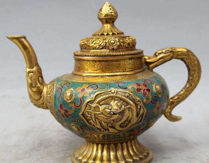 

wholesale factory 7" Marked Chinese China Cloisonne Purple Bronze Dragon Wine Tea Pot Flagon