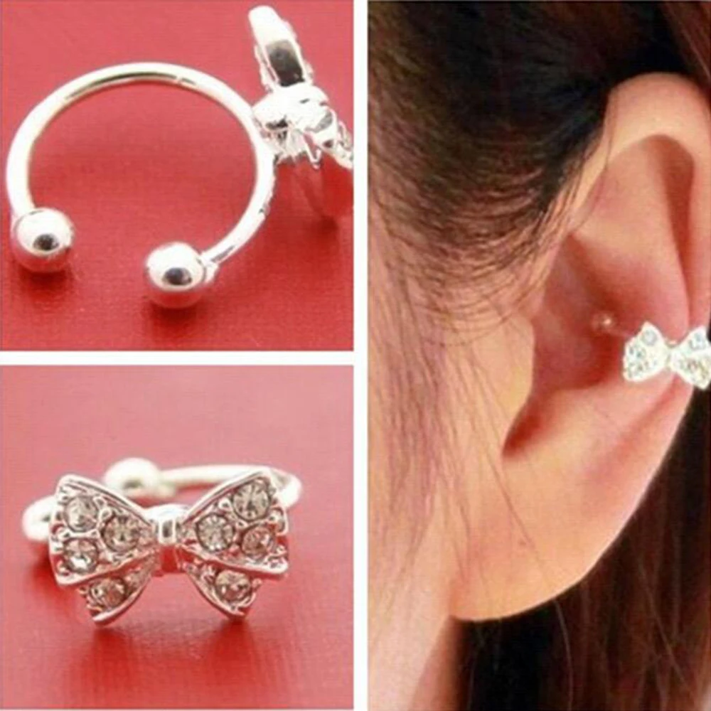 

Vienkim 1 pc Punk Rhinestone Bow Knot Ear Clips Cuff Wrap Earring Brincos No Piercing Cartilage Clip On Earrings For Women Girls