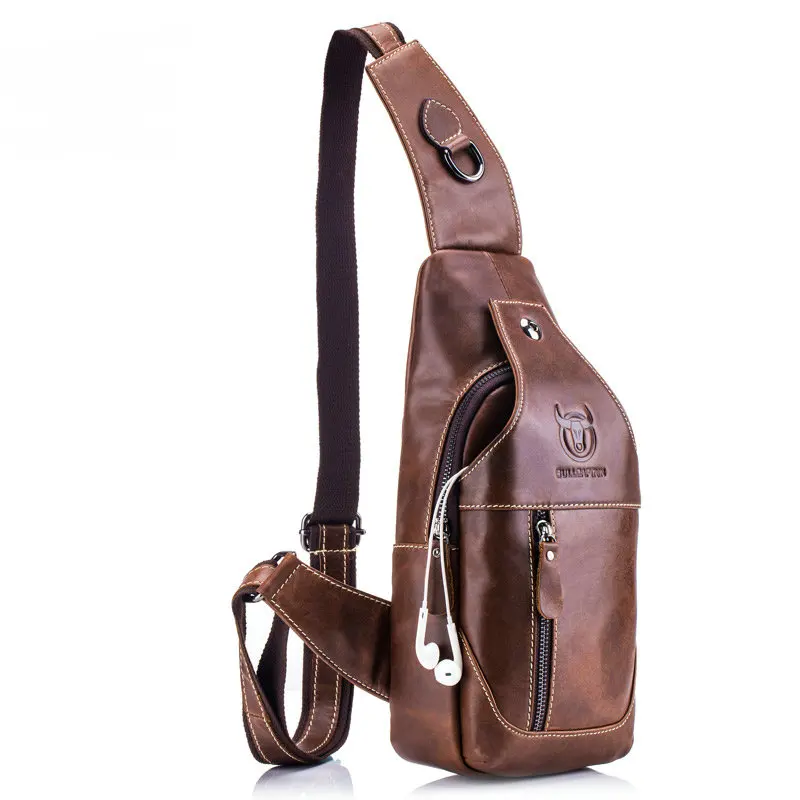 

chest bag small Genuine Leather bag men shoulder bag Headphone plug crossbody bags for men 2019 messenger bag men leather