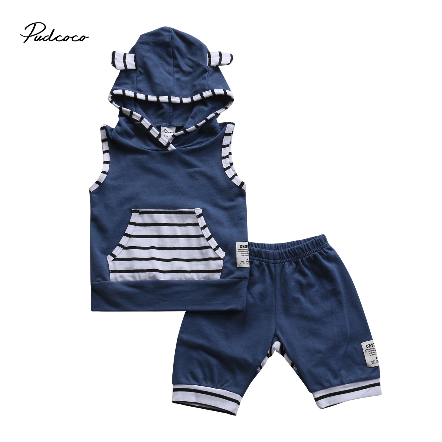 Pudcoco/комплект одежды из 2 предметов для маленьких мальчиков и девочек хлопковый комплект одежды без рукавов в полоску с капюшоном+ штаны для детей от 0 до 3 лет, Helen115 - Цвет: Синий