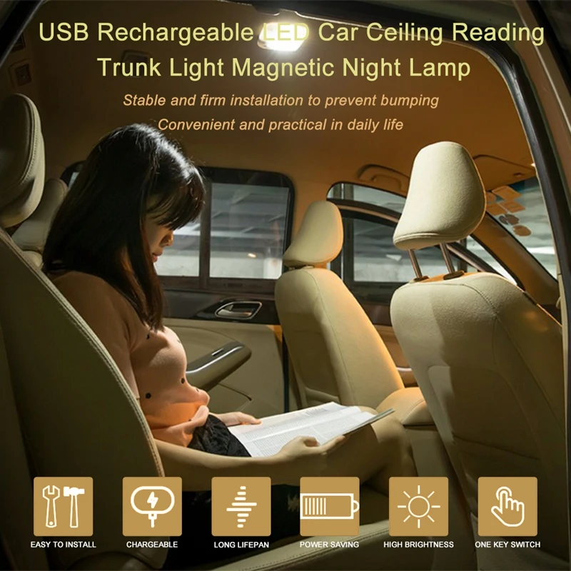 VODOOL Universal USB Rechargeable White/Blue LED Car Reading Light Interior Roof Doom Lamp Magnetic LED Car Styling Night Light