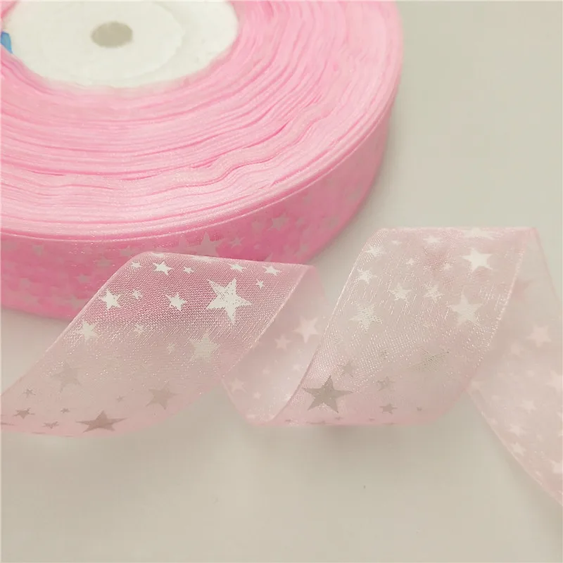 suoja 10Yards/lot 1"(25mm) Printed Star Organza Ribbon Hair Bow Wedding Christmas Decoration DIY Sewing - Цвет: PIN