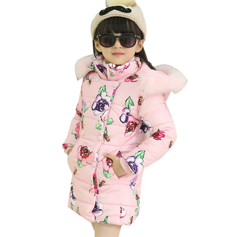 Cena Dziewczęca kurtka zimowa koreańskie 5 13 letnie dziewczyny puchowe dziewczyny zimowe futrzane kołnierzyki dziecięce parki gorący kwiat wydruku z kapturem