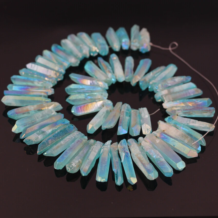 

Approx56pcs/Strand Light Blue AB Titanium Quartz Crystal Top Drilled Point Pendant Beads,Rock Raw Crystal Pillar Beads Jewelry