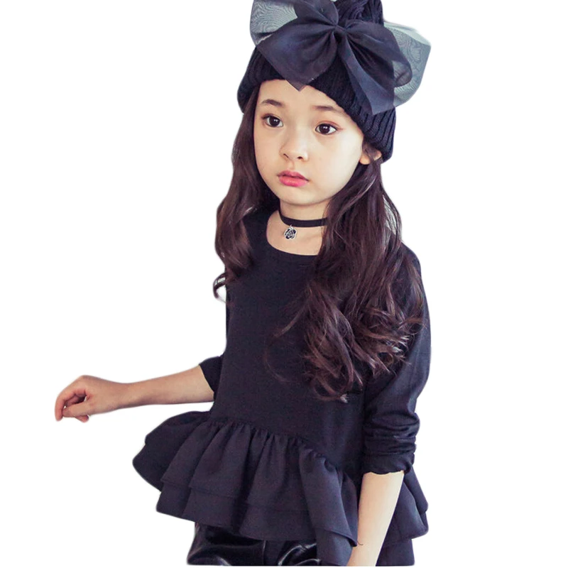 

Korean Style Autumn Fashion Kids Girls Tshirt Children Solid Color Long Sleeve O-Neck Ruffles Shirt
