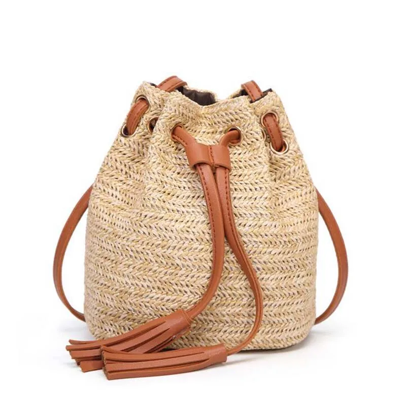 

Bucket Bag For Women Summer Rattan Bag Handmade Woven Beach Cross Body Bag little Bohemia Handbags Bali Straw lady mini bags