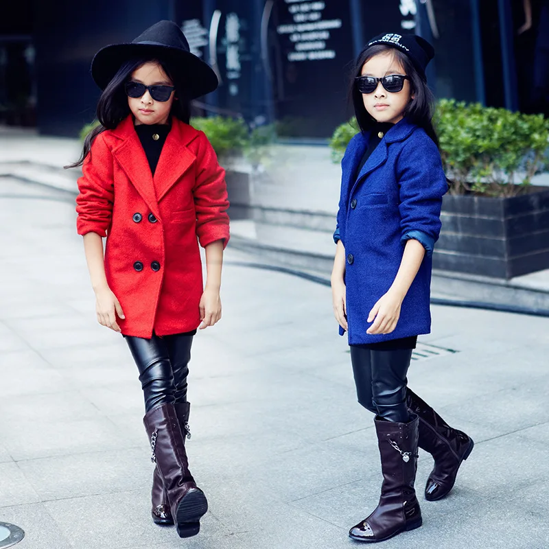 Girls Winter Woolen Europe Quilted Collar Suit Thickened Double Breasted Coat Children Kids Clothing Red Blue