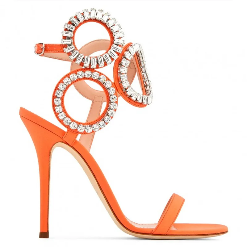 

ACILICI1904036 Summer Shoes Round Rhinestone Sexy Super High Heel One Word Buckle Hundred Open Toe Black Orange Sandals Female