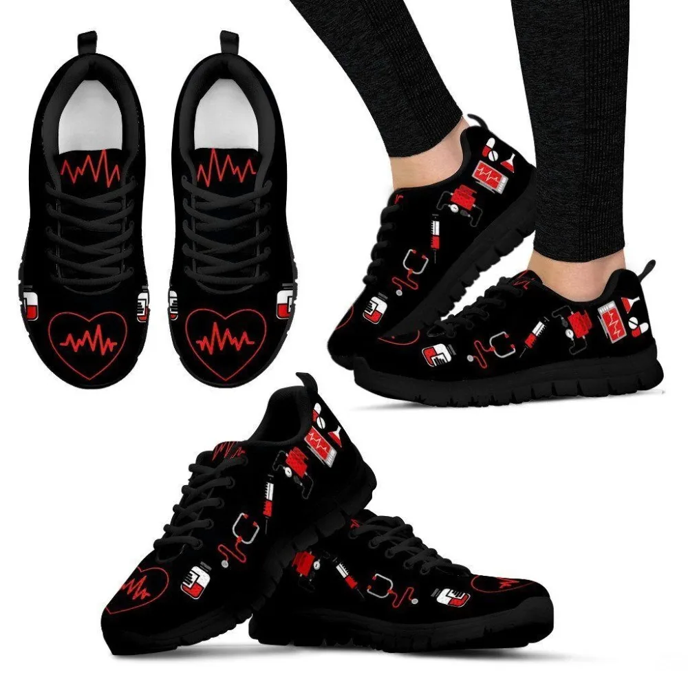

Nopersonality Black Heart Pattern Mesh Shoes for Women Breathable Spring Summer Flats Custom Lace Up Female Ladies Sneakers