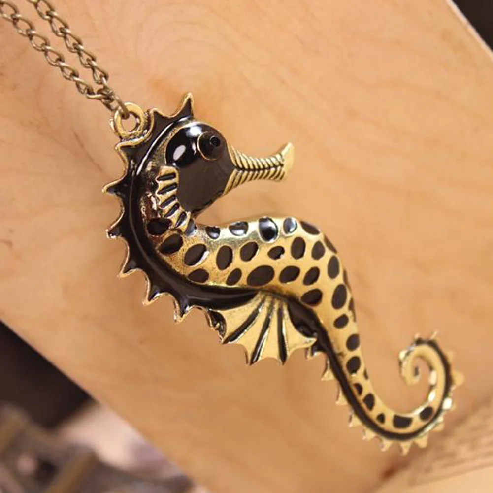 

Vintage Style Enamel Sea Horse Hippocampus Pendant Necklace With Bronze Chain Sweater Long Chain Jewelry Wholesale