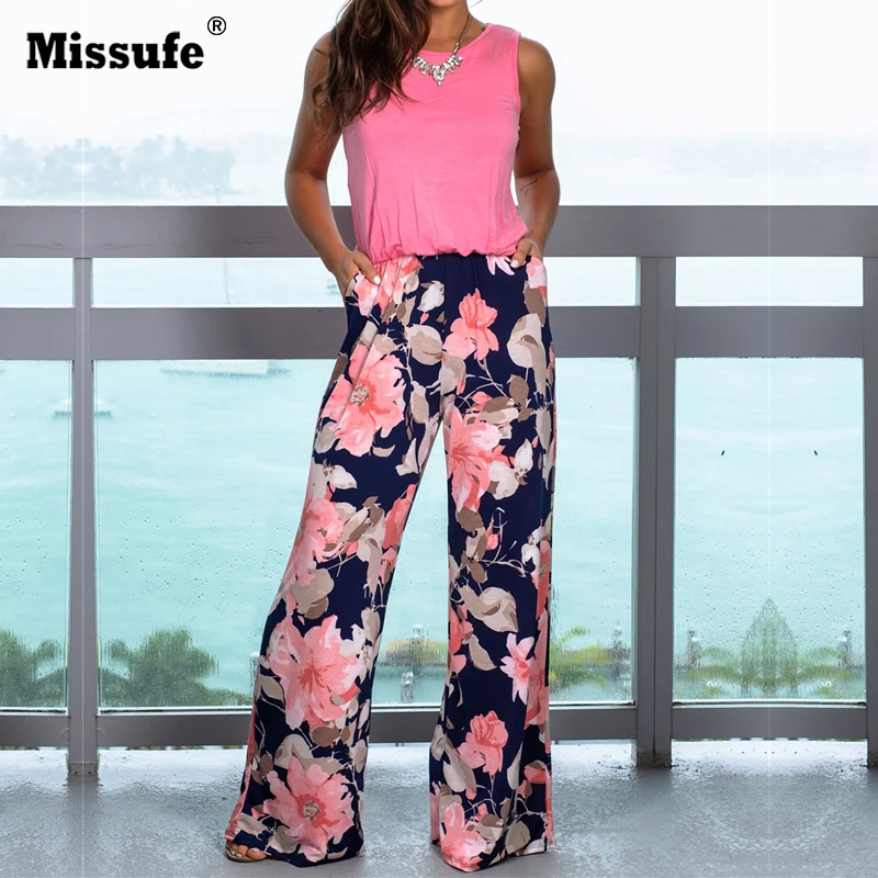 

Missufe Print Jumpsuits For Women 2019 Floral Sleeveless Sexy Bodysuits Female Rompers Wide Leg Boho Streetwear Summer Jumpsuit