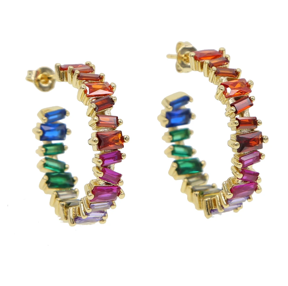 Радужные серьги-кольца с кубическим цирконием и фианитом, позолоченные великолепные европейские женские модные цветные серьги с фианитами