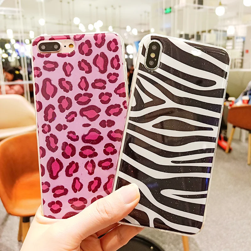 

Fashion Leopard Zebra Case for iPhone X XS Max Xr Glossy Soft Silicon Capa Fundas for iPhone 8 7 6 6S Plus Glitter Cover Hoesjes
