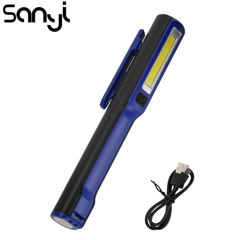 USB Rechargeable LED Flashlight COB Pen Clip Hand Torch Work